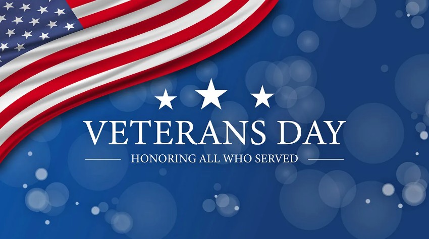 American Flag and Stars with the phrase Veterans Day Honoring All Who Served